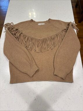 LOFT Tan Fringe Crewneck Sweater